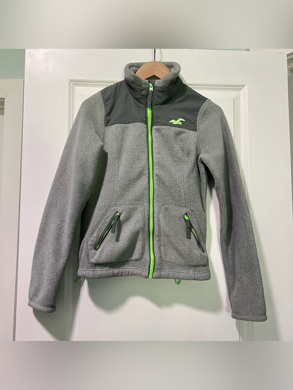 Hollister Full Zip Jacket Color-block Fleece Gray Lime Green Outdoor Size Small